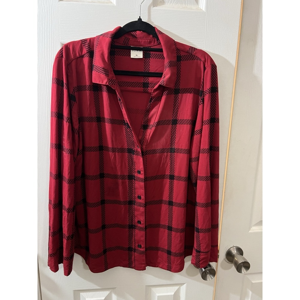 Soma Cool Nights Red Black Long Sleeve Collared Plaid Pajama Top Size XL